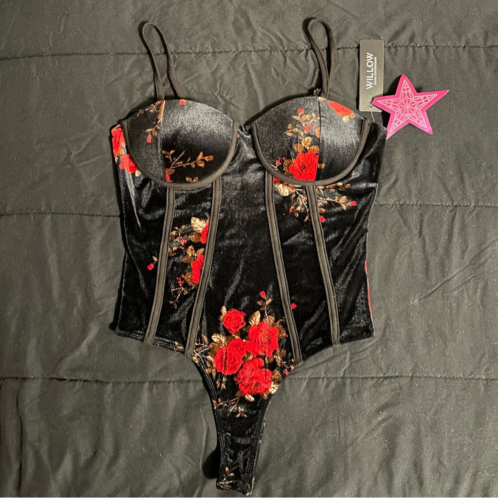 Willow Black Bodysuit with Red Floral Design